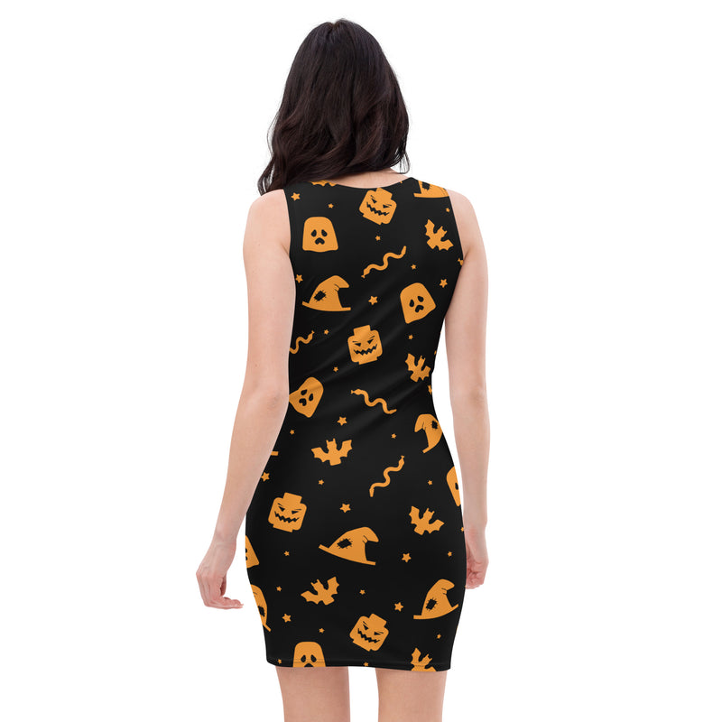 Black and Orange Halloween Skeleton Witch Skull Snake Bodycon dress