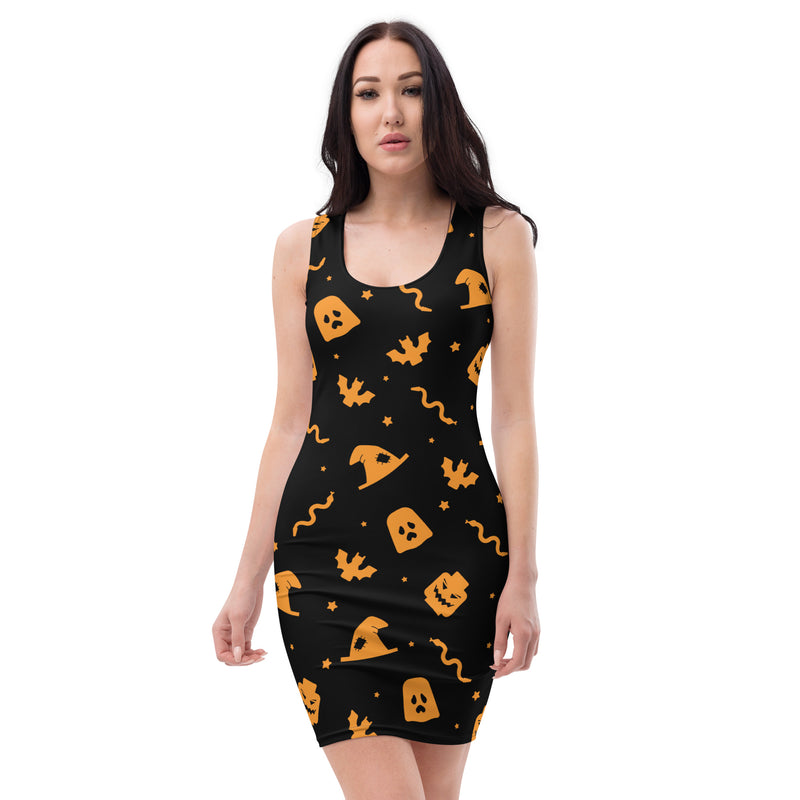 Black and Orange Halloween Skeleton Witch Skull Snake Bodycon dress