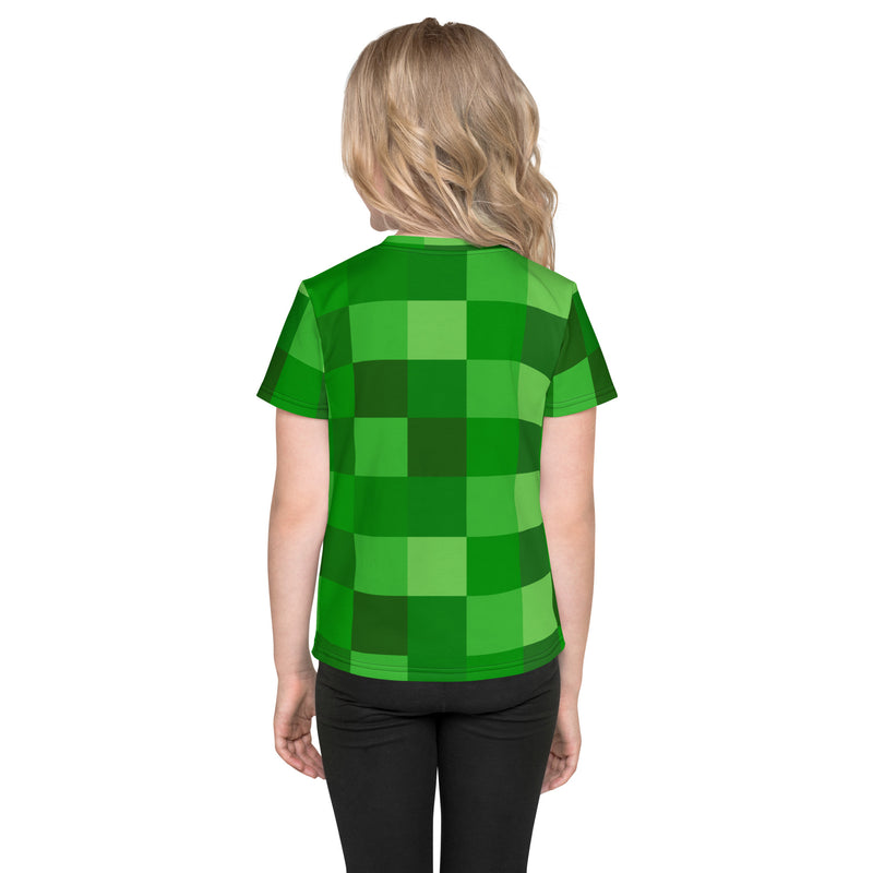 Green Building Blocks Miner Creep Pattern All Over Print Kids crew neck t-shirt