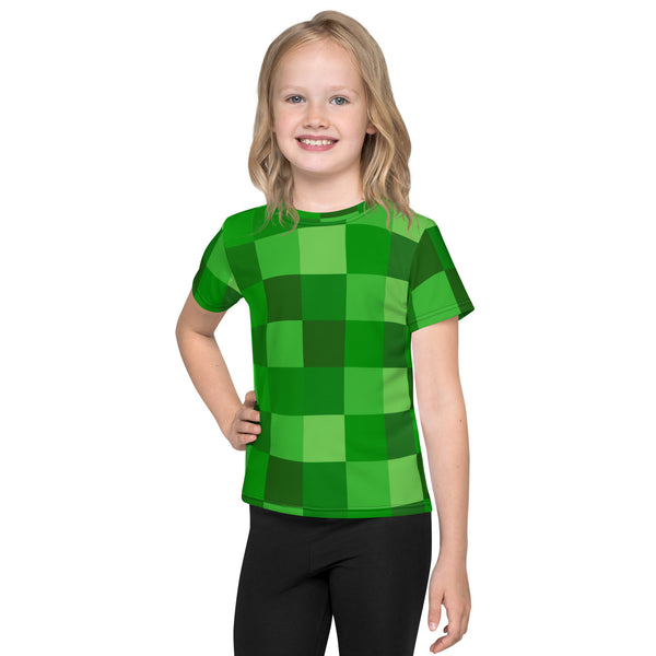 Green Building Blocks Miner Creep Pattern All Over Print Kids crew neck t-shirt