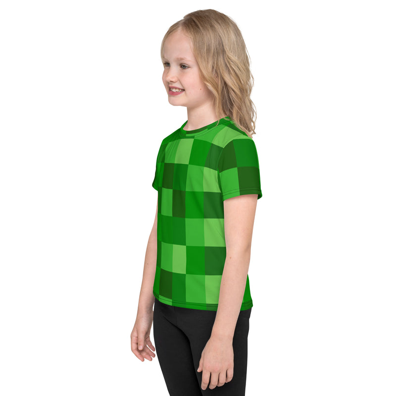 Green Building Blocks Miner Creep Pattern All Over Print Kids crew neck t-shirt