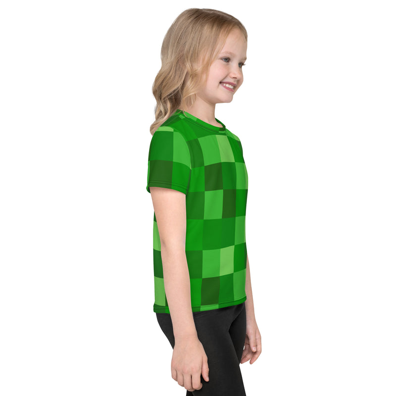 Green Building Blocks Miner Creep Pattern All Over Print Kids crew neck t-shirt