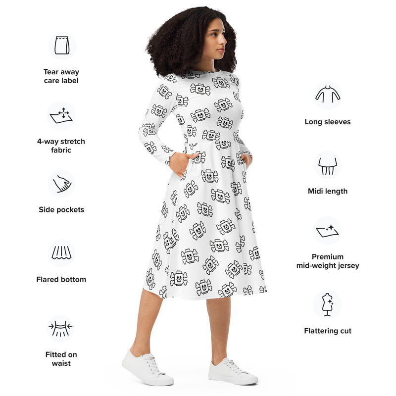 Skeleton Crossbones White and Black All-over print long sleeve midi dress