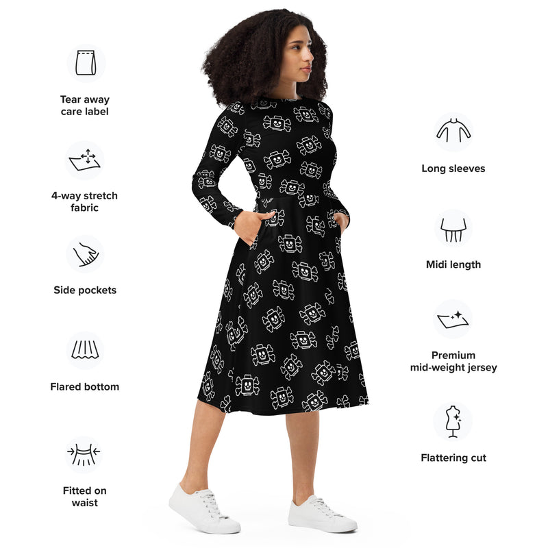 Black and White Skeleton Crossbones Halloween All-over print long sleeve midi dress