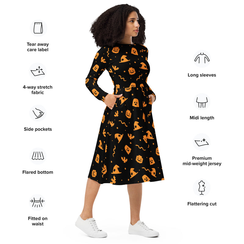 Black and Orange Halloween Witch Skull Snake All-over print long sleeve midi dress