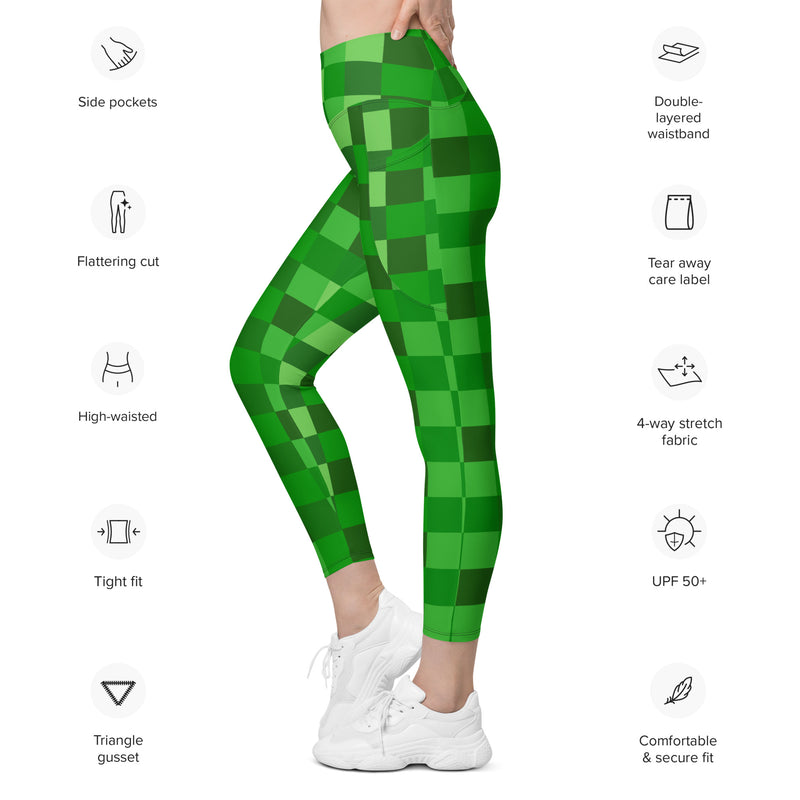 Green Building Blocks Miner Creep Pattern All Over Print Leggings with pockets