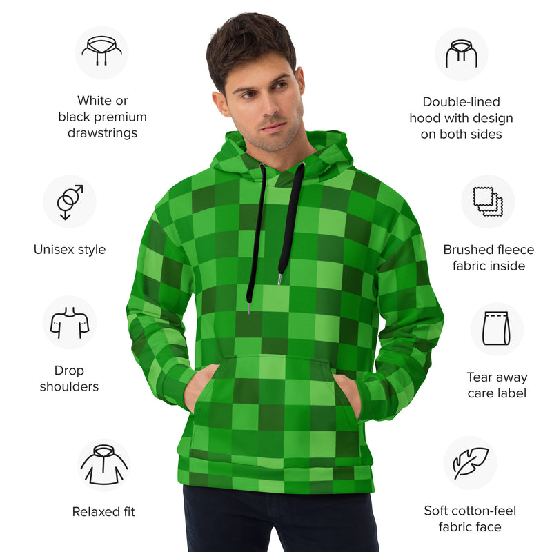 Green Building Blocks Miner Creep Pattern All Over Print Unisex Hoodie