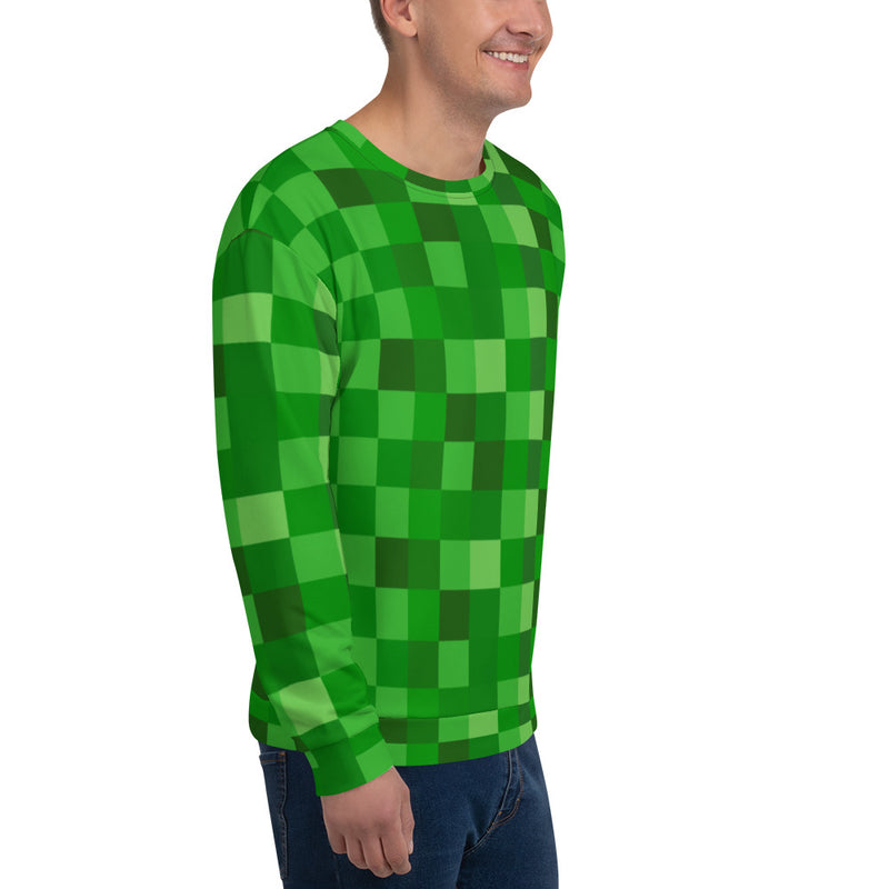 Green Building Blocks Miner Creep Pattern All Over Print Unisex Sweatshirt