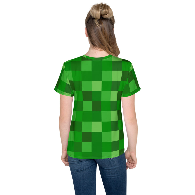 Green Building Blocks Miner Creep Pattern All Over Print Youth crew neck t-shirt