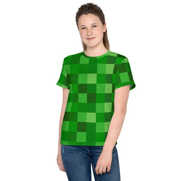 Green Building Blocks Miner Creep Pattern All Over Print Youth crew neck t-shirt