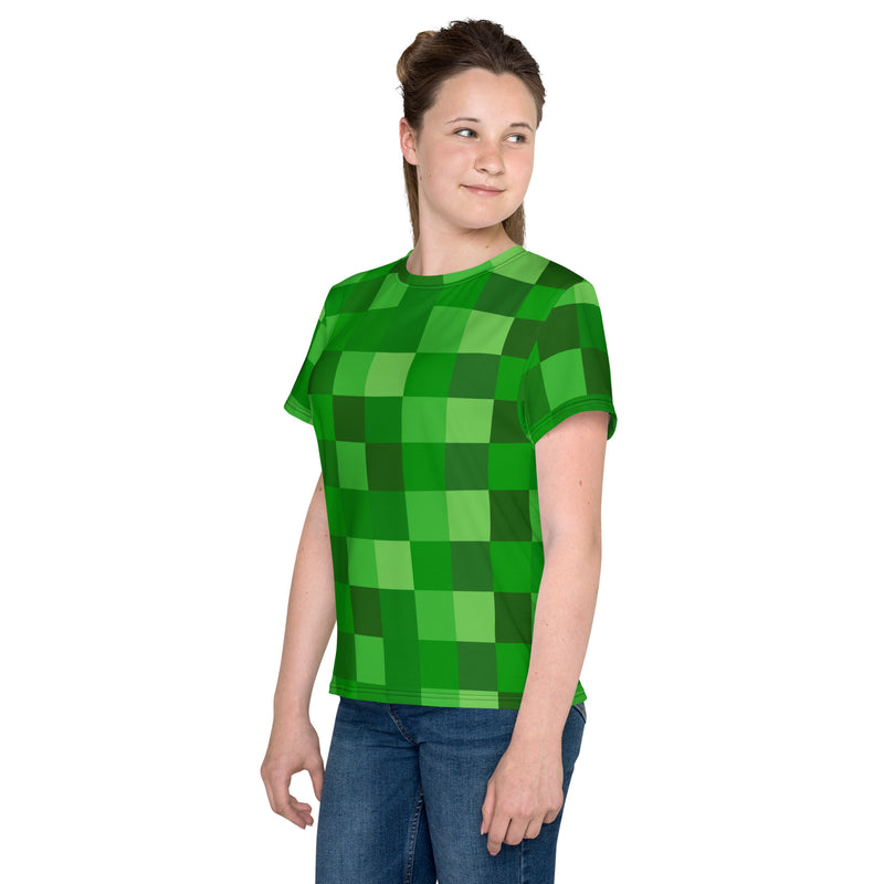 Green Building Blocks Miner Creep Pattern All Over Print Youth crew neck t-shirt