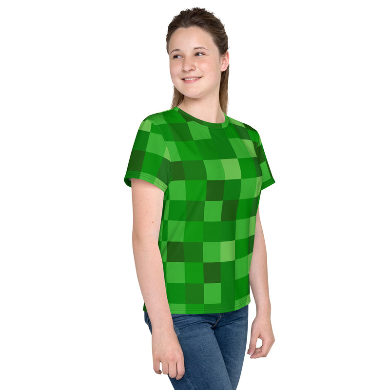 Green Building Blocks Miner Creep Pattern All Over Print Youth crew neck t-shirt