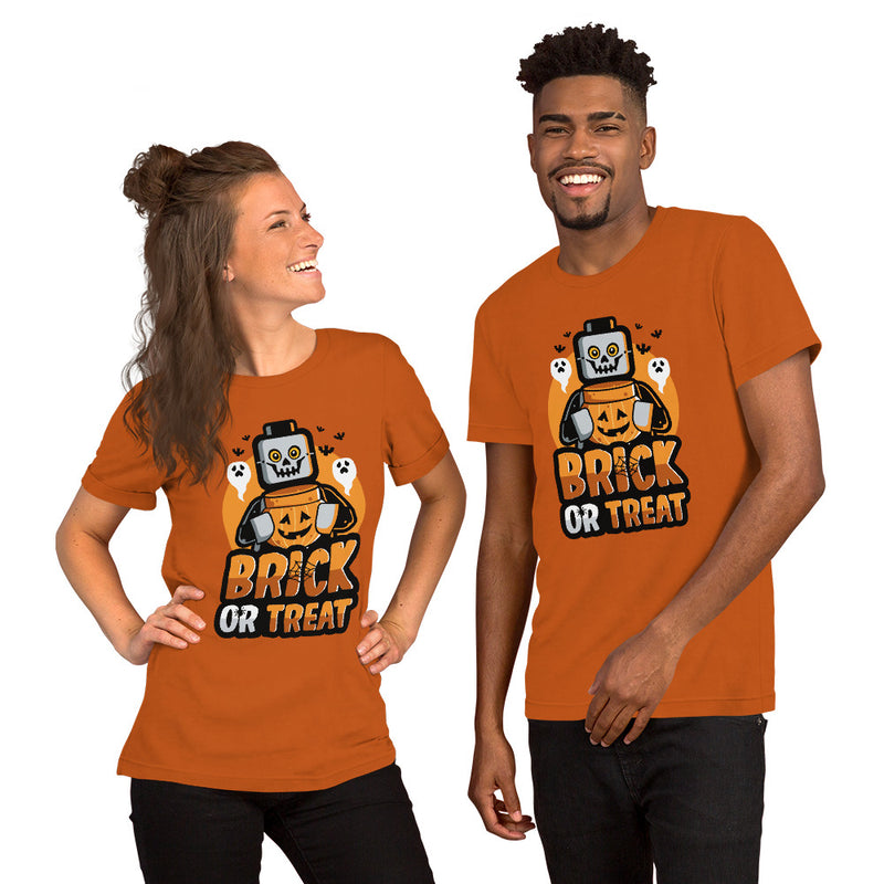 Brick or Treat, Bat, Pumpkin Halloween Brick Minifigure Parts Adult Unisex t-shirt