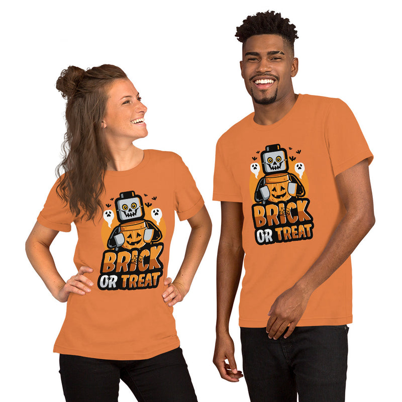 Brick or Treat, Bat, Pumpkin Halloween Brick Minifigure Parts Adult Unisex t-shirt